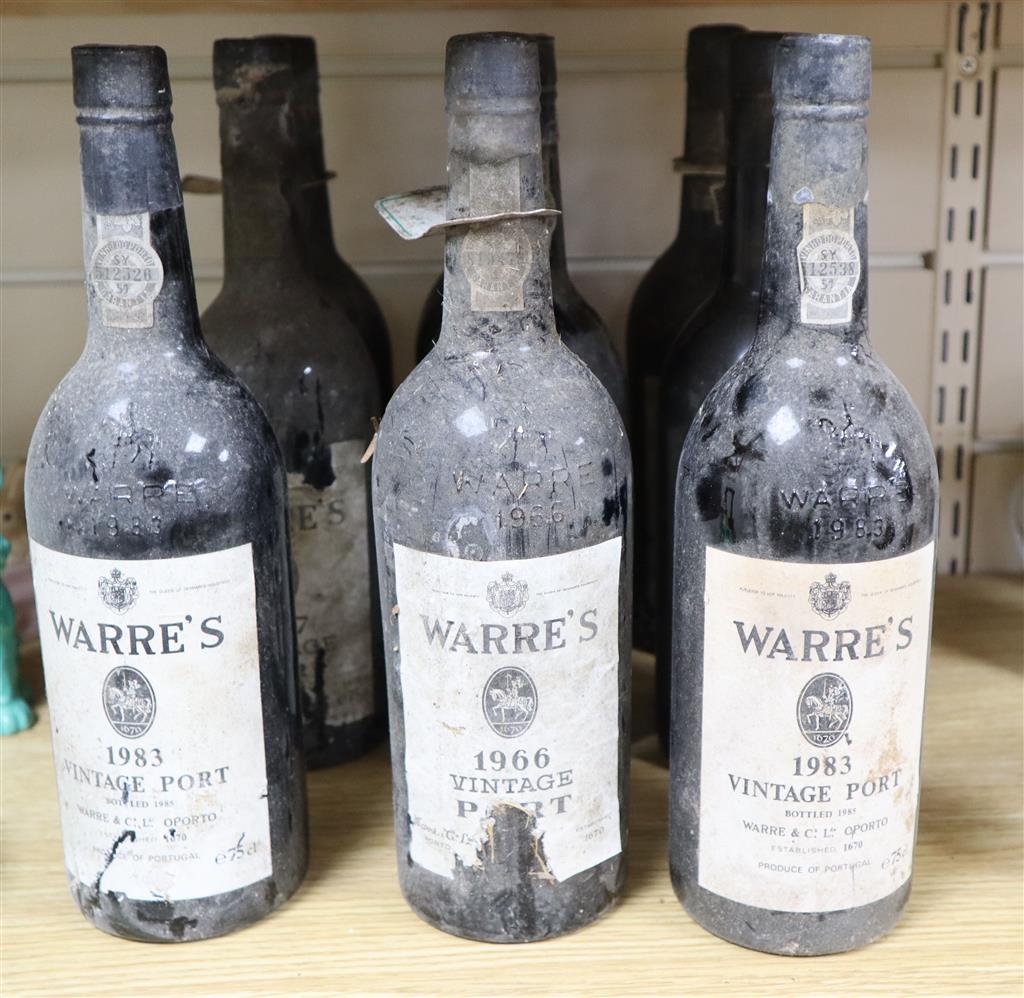 Nine bottles of Warres vintage Port 1966 (1), 1977 (2), 1980 (2), 1983 (3) and one unknown year